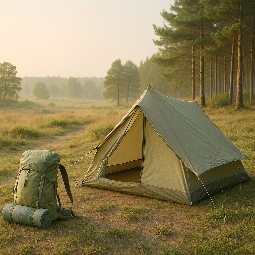 Lichtgewicht tent en rugzak op een rustige kampeerplek in het bos, symbool voor lichtgewicht kamperen in Nederland.