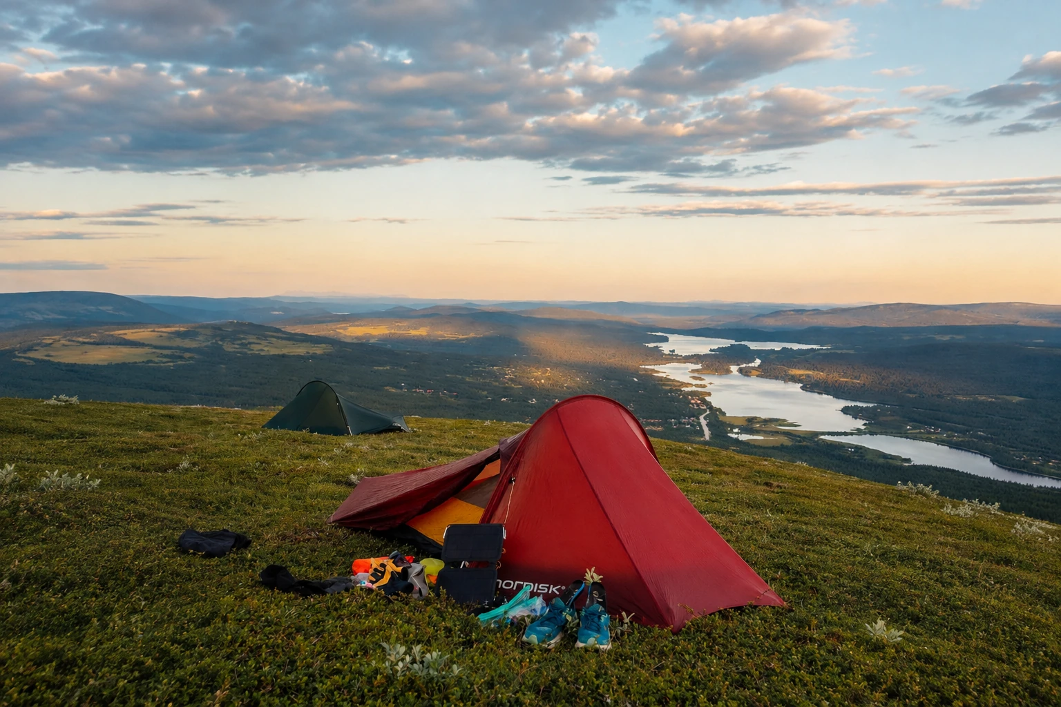 Lichtgewicht trekking tent op een berg met uitzicht over meren en heuvels